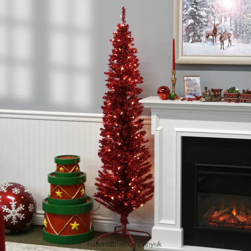 Trees | National Tree Company Pre-Lit Artificial Christmas Tree Red Tinsel White Lights Includes Stand 6 feet F2L4F63